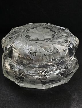 Antique Heisey Cut Crystal Lidded Powder Jar Diamond H Patent 1910 Floral Etched